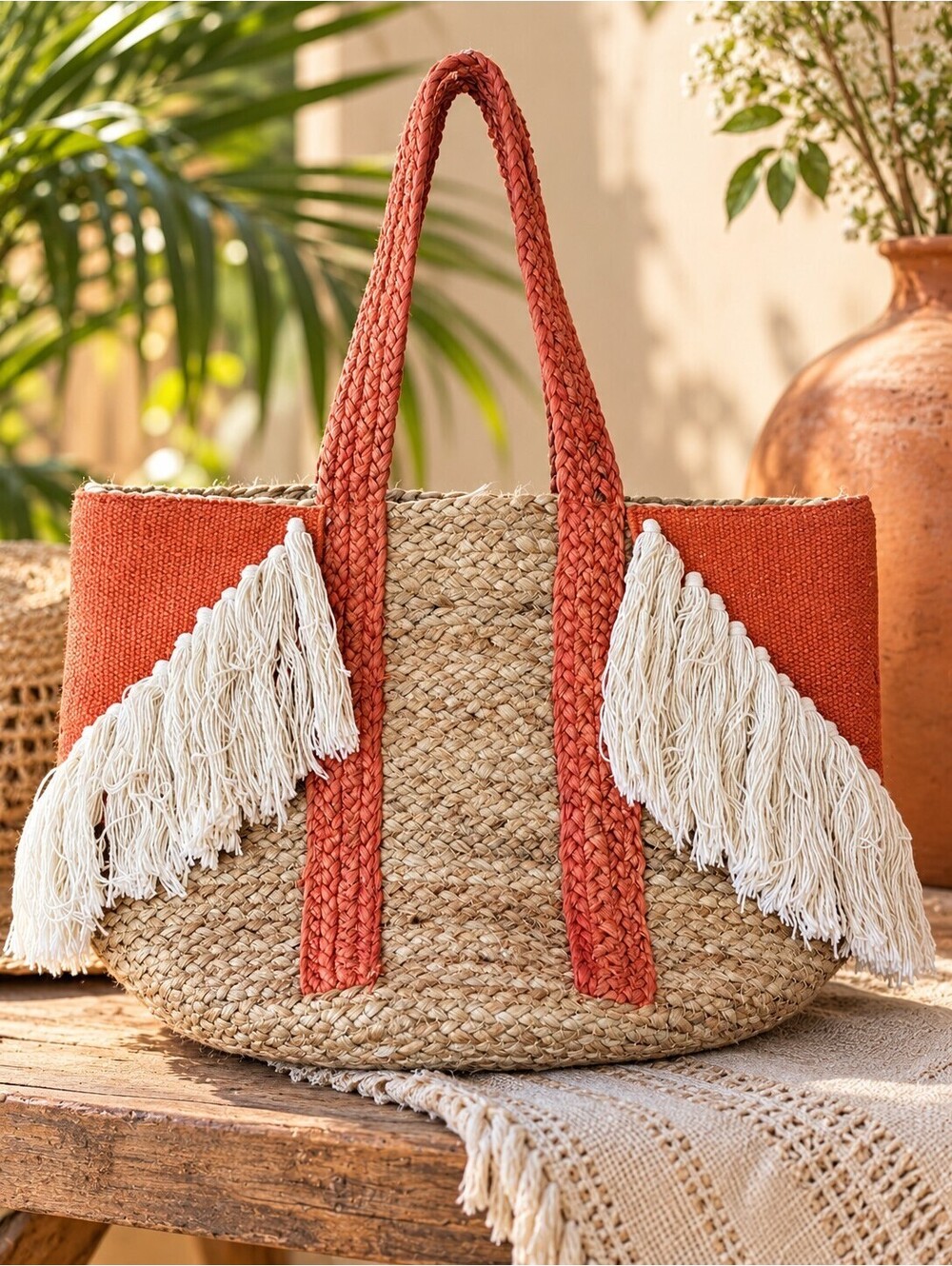 America & Beyond Jute Tote Bag Orange Fringe Straw Beach Boho Shoulder Handbag